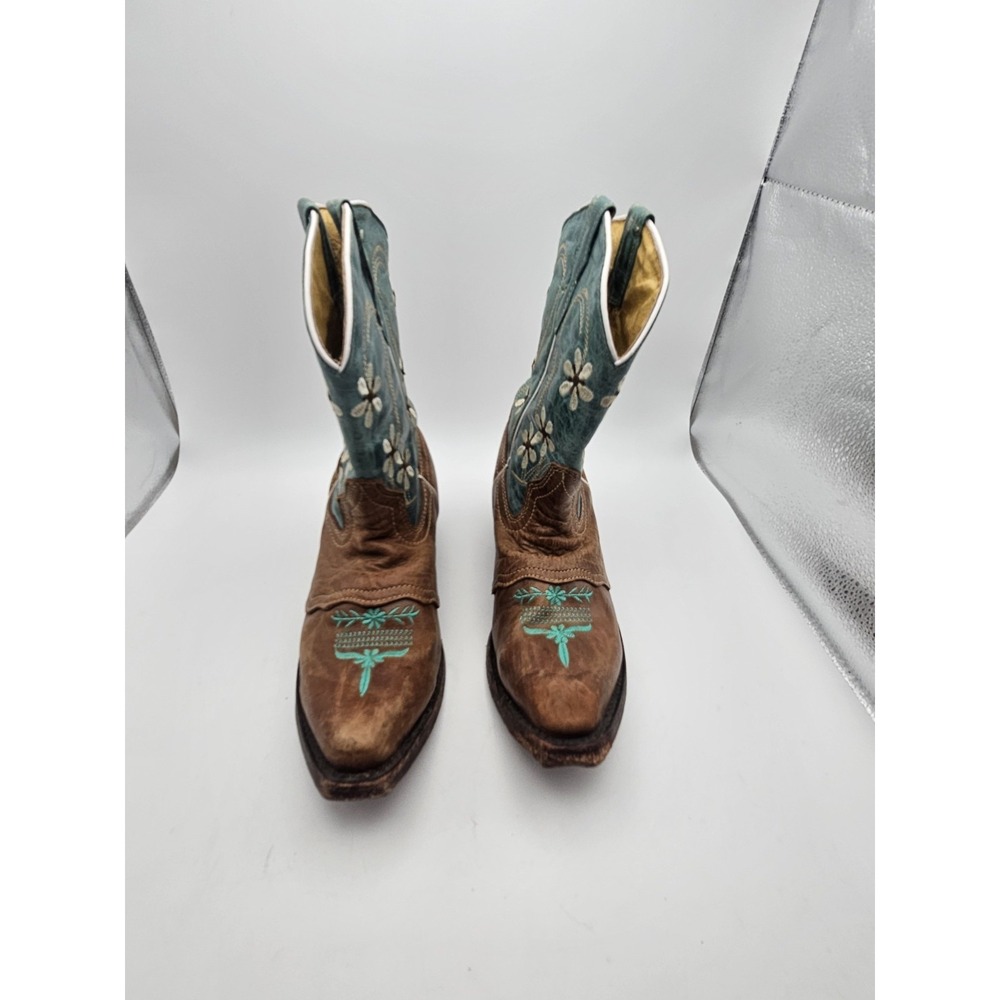Veretta Kids Cowboy Boots Teal Flowers Leather Ranch Snip Rodeo Wear Size 3/23